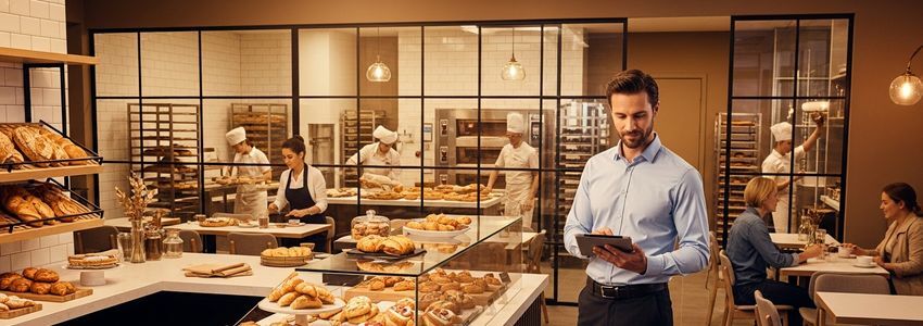 Professional Paris Baguette franchise owner reviewing business documents at a bakery cafe