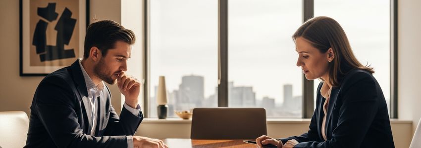 Two business professionals reviewing partner buyout loan documents in a professional office setting