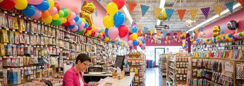 Party supply store owner reviewing loan documents at store counter with colorful decorations in background