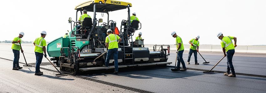 Paving contractor crew operating asphalt paving equipment on a commercial road project
