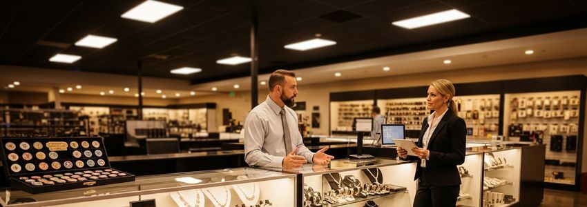 Pawn shop owner standing at jewelry display counter