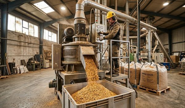 Worker in a hard hat operating an industrial ring-die pellet mill as golden wood pellets pour into a collection bin inside a biomass production facility