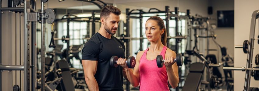 Personal trainer working with client in modern fitness studio - personal training business loans