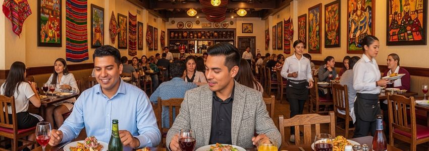Peruvian restaurant interior with vibrant decor and diners