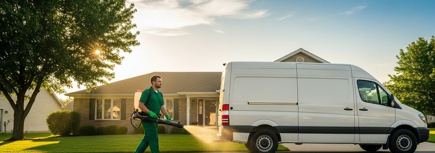 Pest control franchise technician in uniform standing next to service van at a residential property