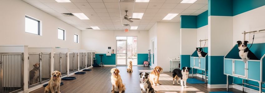 Pet care franchise owner with dogs in a professional pet care facility showing the kind of business that can benefit from pet care franchise business loans