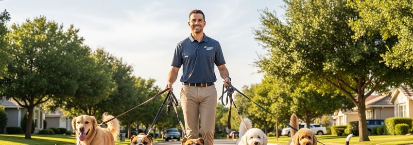 Pet sitter walking dogs in a neighborhood park - pet sitting business financing guide