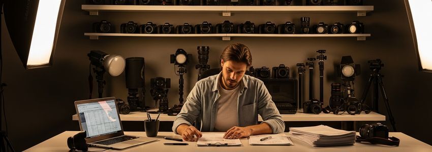 Professional photographer reviewing business loan documents at a photography studio desk