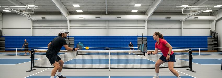 Pickleball players on indoor court at a pickleball facility