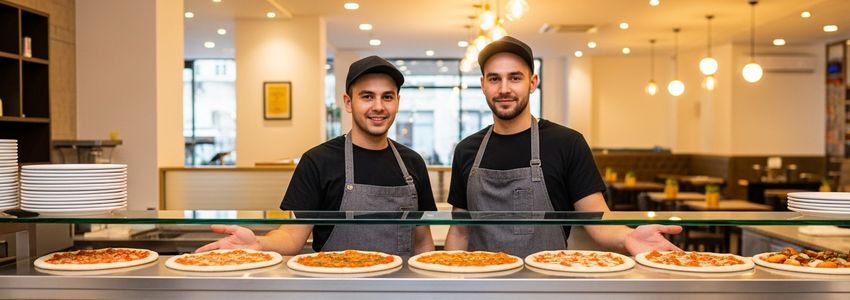 Pieology franchise staff at pizza assembly counter - franchise financing guide