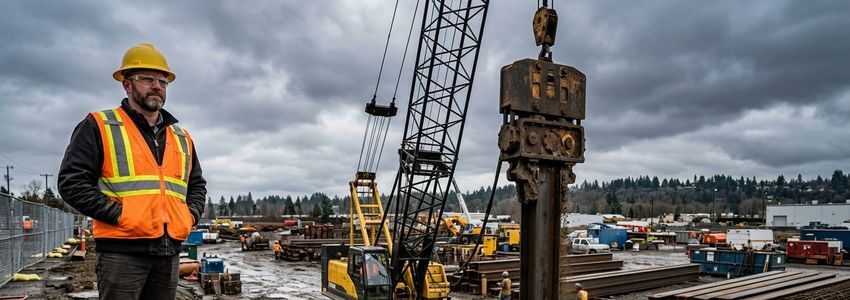 Construction contractor operating a pile driving rig on an active job site