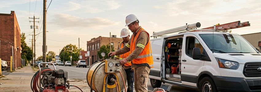 Plumbing contractors operating pipe relining and drain service equipment next to a service van