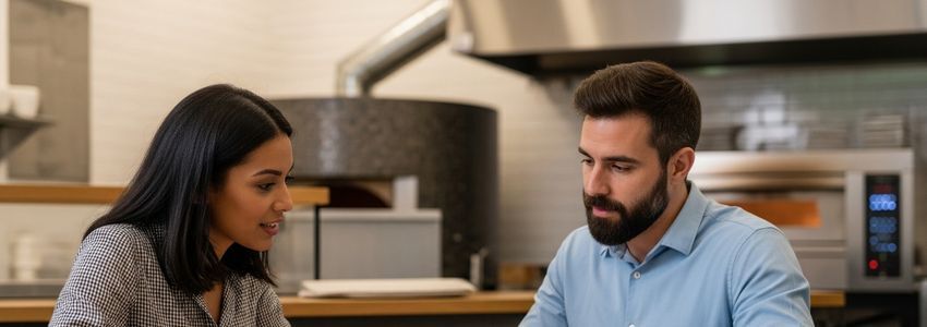 Pizzeria owner reviewing pizza oven financing options with a business advisor