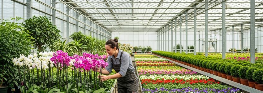 Plant nursery owner in a commercial greenhouse surrounded by flowering plants and garden center inventory