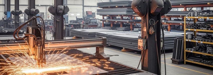 CNC plasma cutting machine in operation in a metal fabrication workshop with sparks flying