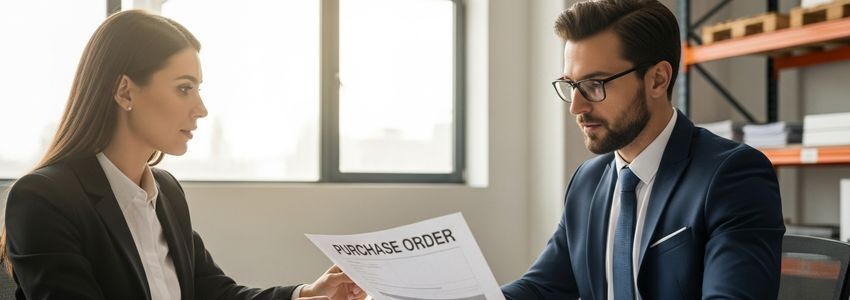 Business professionals reviewing purchase order documents in modern office