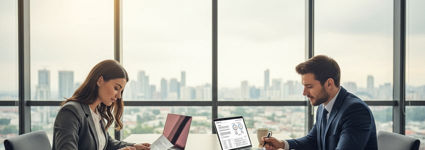 Business professionals reviewing purchase order documents in a modern office conference room