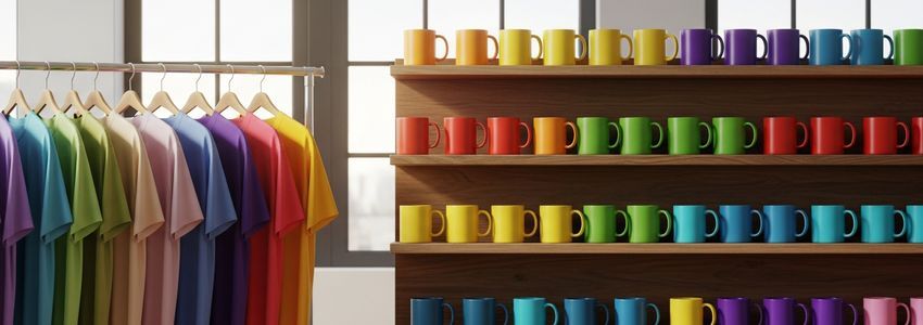 Colorful print on demand merchandise including blank t-shirts on a rack and mugs on shelves in a modern studio