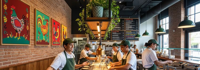 Pollo Campero franchise restaurant interior with staff serving customers