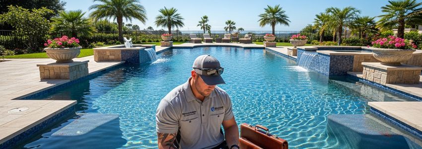 Pool construction contractor reviewing business loan documents at completed swimming pool job site