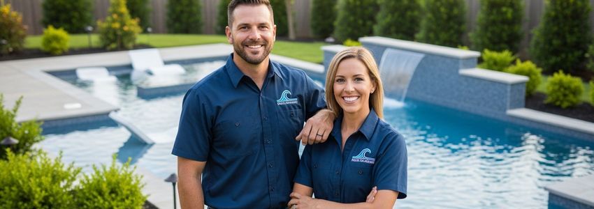 Pool contractor business owners standing next to completed pool project