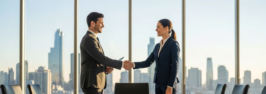Business executives shaking hands to finalize a business acquisition deal in a corporate boardroom