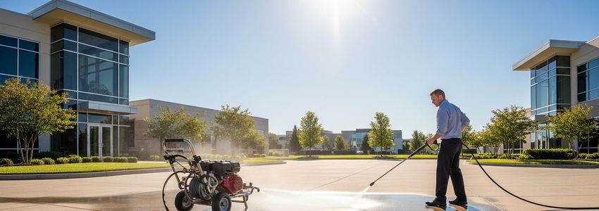 Business owner reviewing pressure washer equipment financing documents with commercial pressure washing equipment