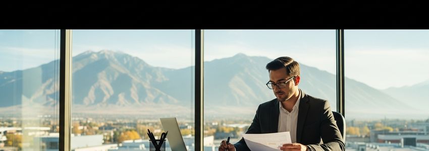 Small business owner reviewing loan documents in a Provo, Utah office with mountain views