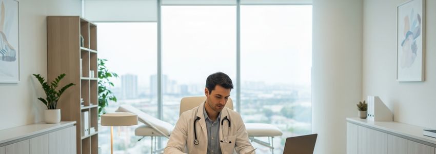 Psychiatrist reviewing practice loan documents in a modern mental health clinic office