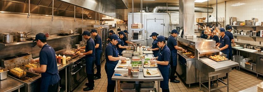 QSR restaurant kitchen staff working in a quick-service restaurant