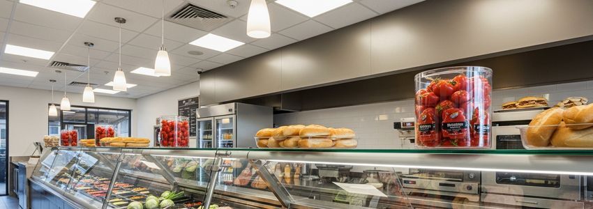 Quiznos franchise restaurant interior showing sandwich display counter