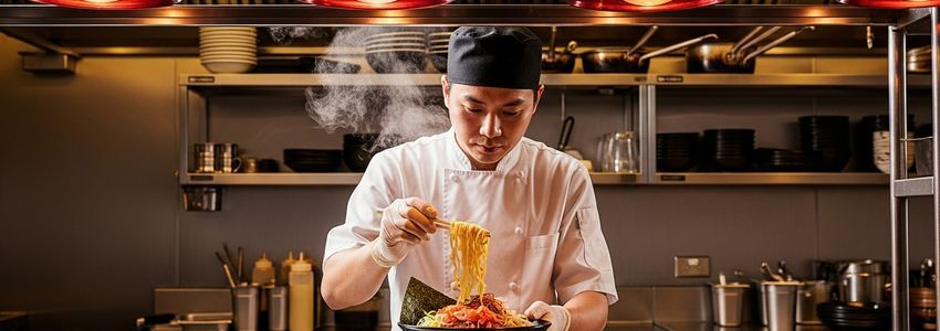 Ramen restaurant chef preparing a bowl of ramen in a professional kitchen