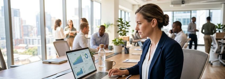 Professional business advisor reviewing revenue-based financing statistics and growth charts