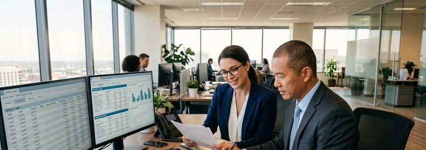 Two business professionals reviewing revenue cycle management billing data in a corporate office setting