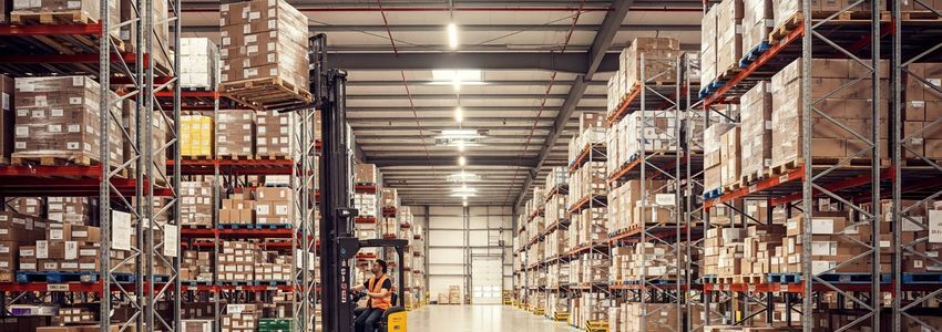 A reach truck operator working in a modern warehouse distribution center with tall pallet racking