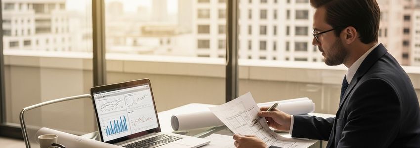 Real estate investor reviewing investment property financing documents at a modern office