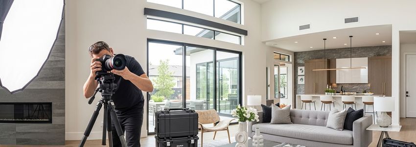 Professional real estate photographer with camera and tripod photographing home interior