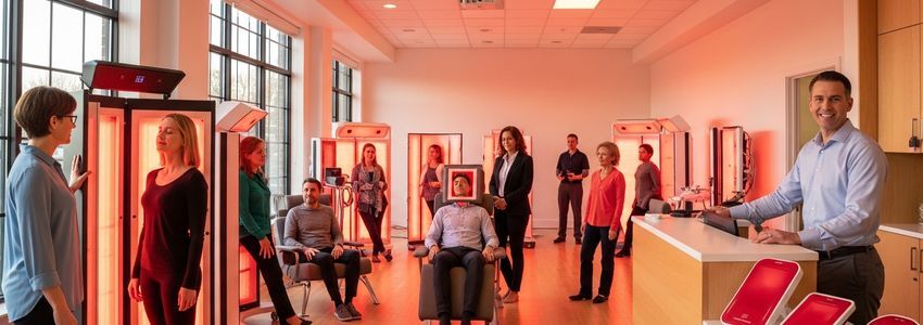 Red light therapy studio with professional equipment and wellness business owner