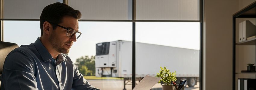 Business owner reviewing refrigerated truck lease paperwork