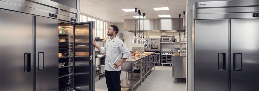 Commercial kitchen with refrigeration equipment and business owner reviewing financing options