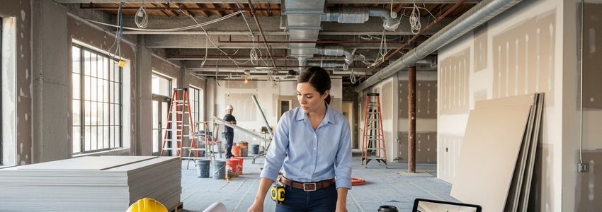 Small business owner reviewing renovation blueprints in a commercial space under renovation