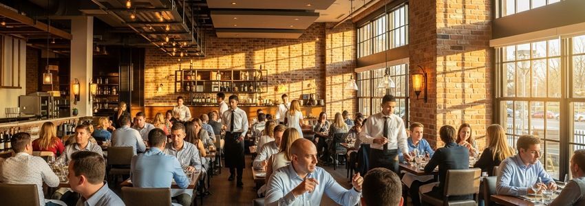 Restaurant dining room with diners and staff representing the restaurant financing industry in 2026
