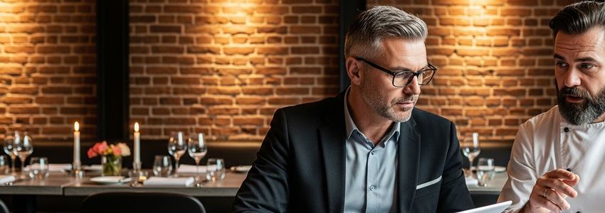 Restaurant owner reviewing business loan documents at a restaurant table