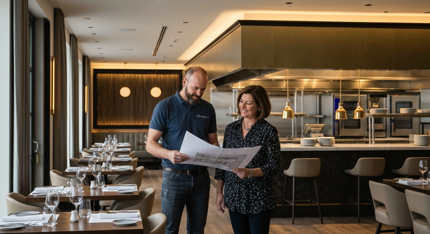 Restaurant owner reviewing renovation plans in a modern dining room being remodeled