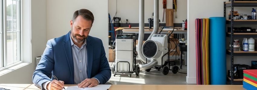 Restoration business owner reviewing financing documents