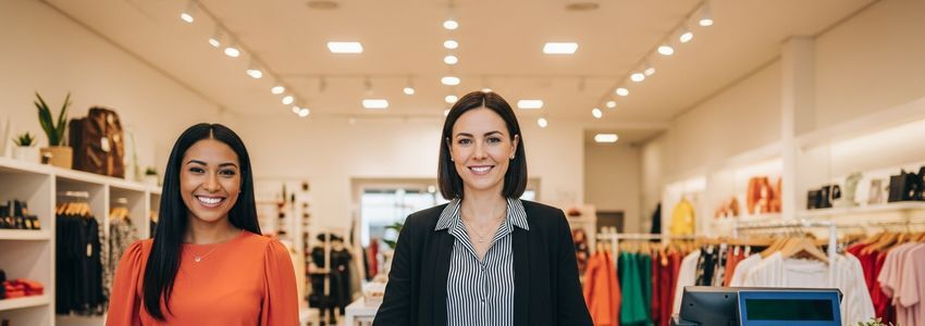 Retail store owner at checkout counter in a modern boutique shop