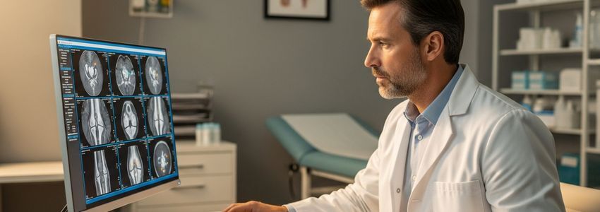 Rheumatology physician reviewing medical imaging in modern clinic