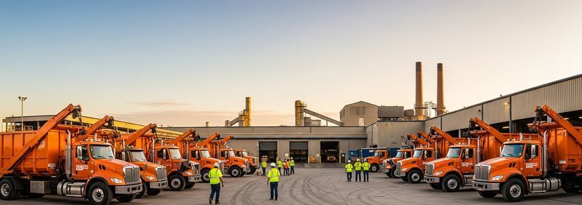 Roll-off trucks parked at a commercial waste management facility
