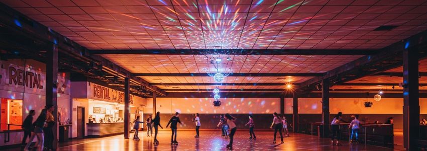 Interior of a vibrant roller skating rink with colorful lights and skaters