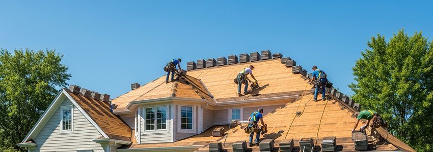 Roofing franchise crew installing shingles on a residential home